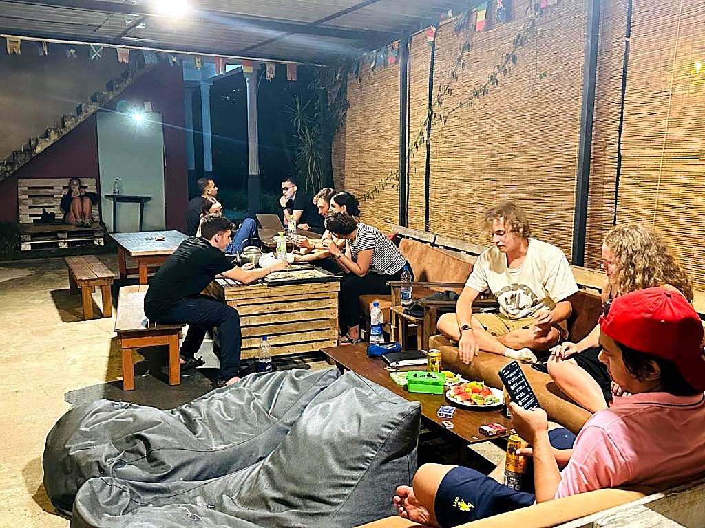 Board games and snacks in the covered evening common area